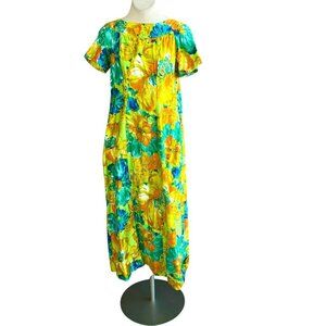Alice Polynesian Fashions 60s Colorful Floral Tiki Maxi Muumuu Caftan Dress